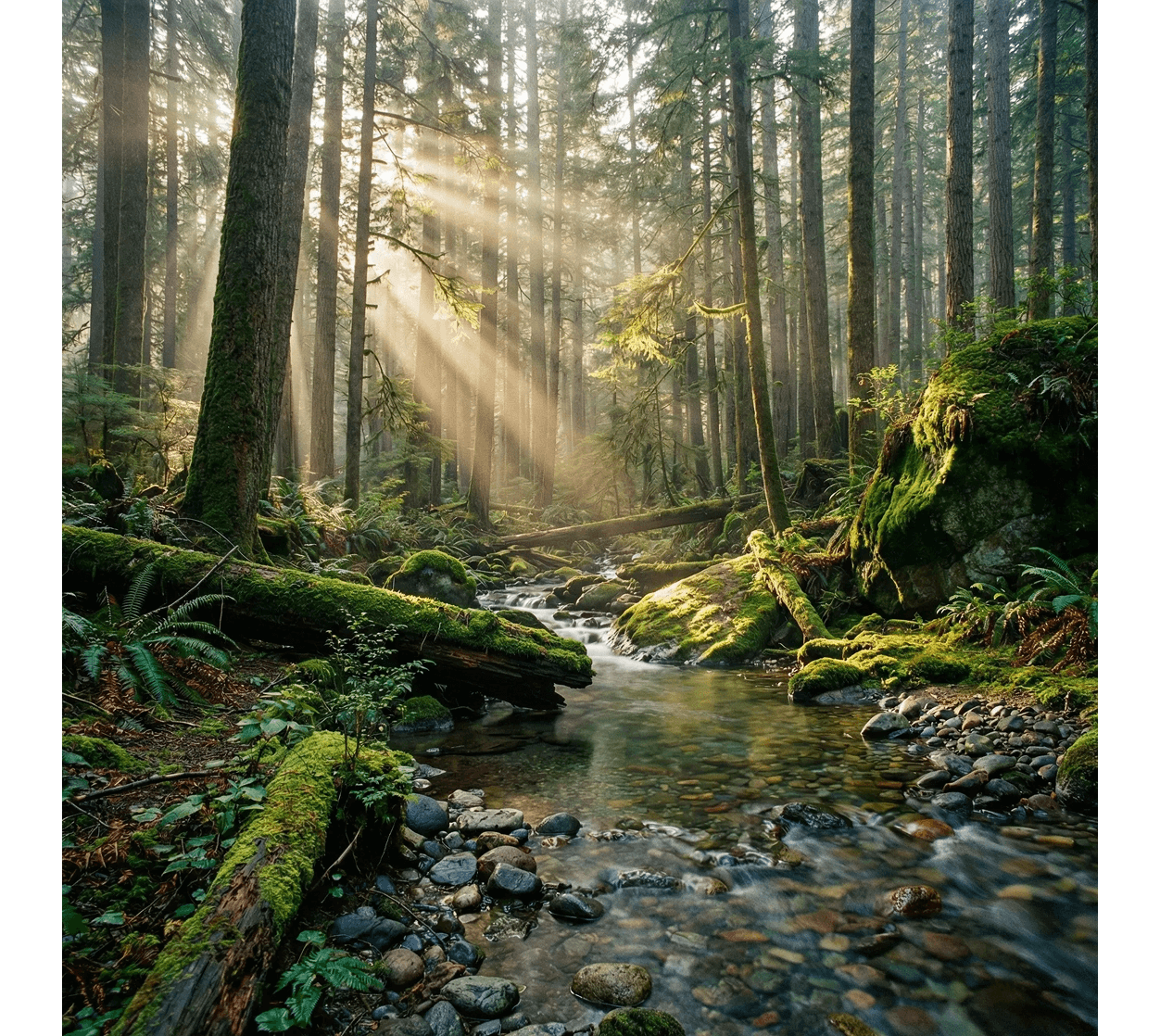 Lichtdurchfluteter Wald mit Bachlauf – Karriere mit Lichtblick bei TerraGreen Solutions