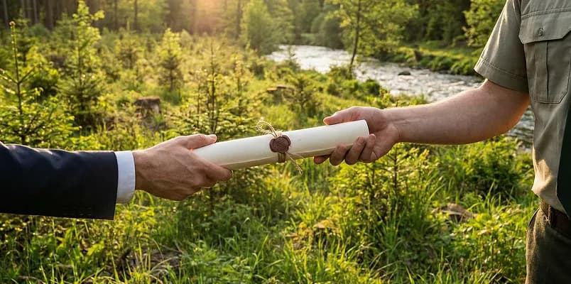 Fachperson mit Tablet bei der Behördenkommunikation für Naturausgleich-Genehmigungen