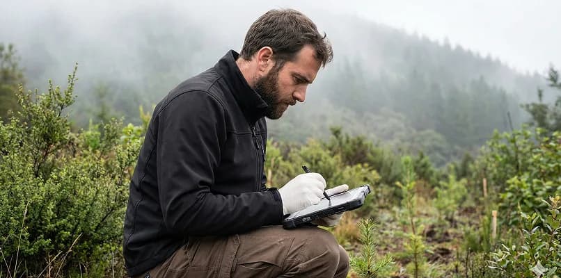 Fachperson bei Kontrolle und Dokumentation von Naturschutzmaßnahmen im Wald